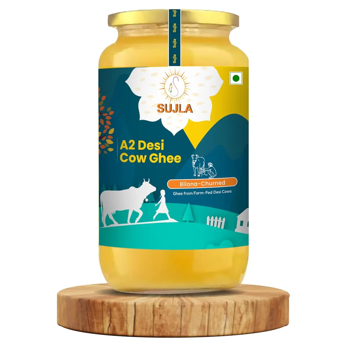 Sujla A2 Desi Cow Ghee 1000 ML | Glass Jar | Vedic Bilona Method | Curd-Churned | Pure, Natural & Healthy | Lab tested|